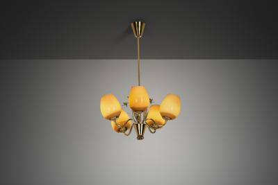  Sieva OY Brass and Glass Ornamental Chandelier by Siev Oy Finland 1950s