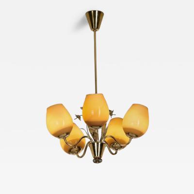  Sieva OY Brass and Glass Ornamental Chandelier by Siev Oy Finland 1950s