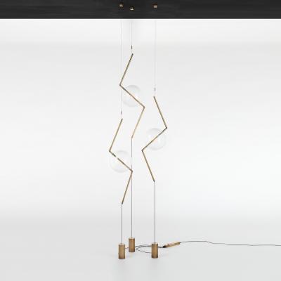  Silvio Mondino Studio Fulmine Aged Three Lights Floor to Ceiling Sculptural Lamp Brushed Brass