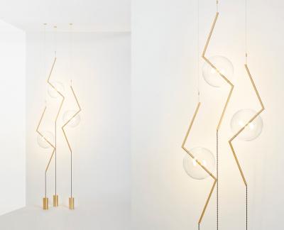  Silvio Mondino Studio Fulmine Three Lights Floor to Ceiling Minimalist Sculptural Lamp Brushed Brass