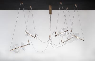  Silvio Mondino Studio Trapezi Five Lights Aged Brass Contemporary Pendant Chandelier Blown Glass