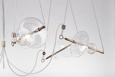  Silvio Mondino Studio Trapezi Five Lights Aged Brass Contemporary Pendant Chandelier Blown Glass