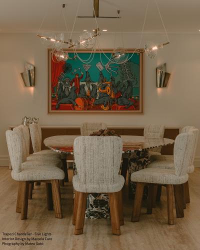  Silvio Mondino Studio Trapezi Five Lights Aged Brass Contemporary Pendant Chandelier Blown Glass