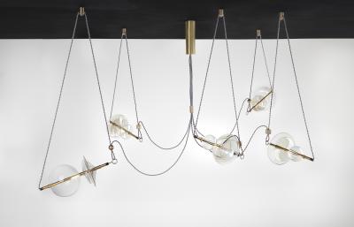  Silvio Mondino Studio Trapezi Five Lights Neutral Shades Contemporary Pendant Chandelier Brass Glass