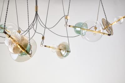  Silvio Mondino Studio Trapezi Seven Lights Chandelier in Brass Murano Glass LED Dimmable