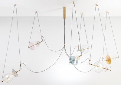  Silvio Mondino Studio Trapezi Six Lights Bright Colors Contemporary Pendant Chandelier Brass Glass