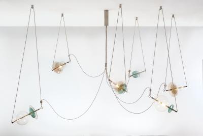  Silvio Mondino Studio Trapezi Six Lights Contemporary Chandelier Tarnished Silver finish Blown Glass