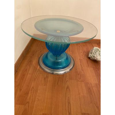 SimoEng 1980s Italian Venetian Blue and Silver Murano Glass Style Coffee Table