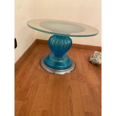  SimoEng 1980s Italian Venetian Blue and Silver Murano Glass Style Coffee Table