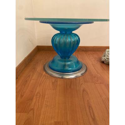  SimoEng 1980s Italian Venetian Blue and Silver Murano Glass Style Coffee Table