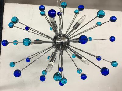  SimoEng 2020s Murano Style Glass Sputnik Blue Italian Handmade Chandelier