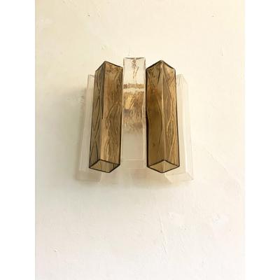  SimoEng 21st Century Transparent and Fum Squared Murano Glass Wall Sconces a Pair
