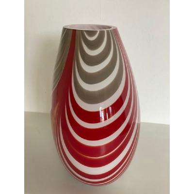 SimoEng Abstarct Vase in Milky White Murano Style Glass With Red and Beige Reeds