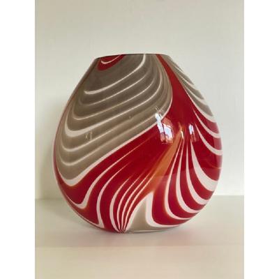  SimoEng Abstarct Vase in Milky White Murano Style Glass With Red and Beige Reeds