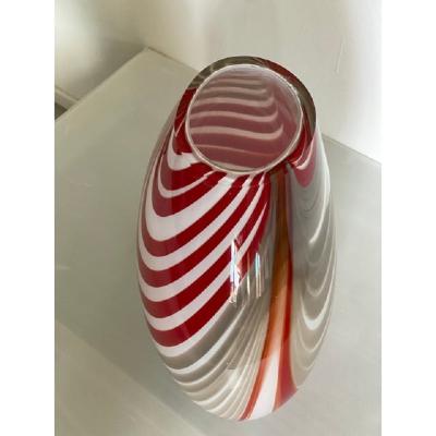  SimoEng Abstarct Vase in Milky White Murano Style Glass With Red and Beige Reeds