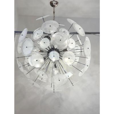 SimoEng Chromed Sputnik Chandelier W Venied White Alabastro Murano Glass Discs