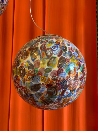  SimoEng Contempoarary Milky White Sphere in Murano Style Glass With Multicolored Murrine