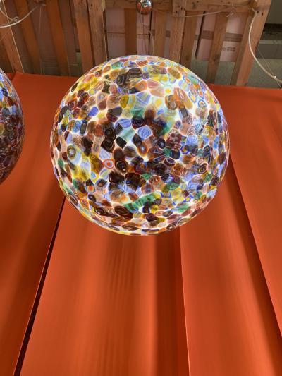  SimoEng Contempoarary Milky White Sphere in Murano Style Glass With Multicolored Murrine