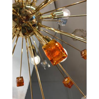  SimoEng Contemporary Amber and Black Cubes Murano Glass Gold Sputnik Chandelier