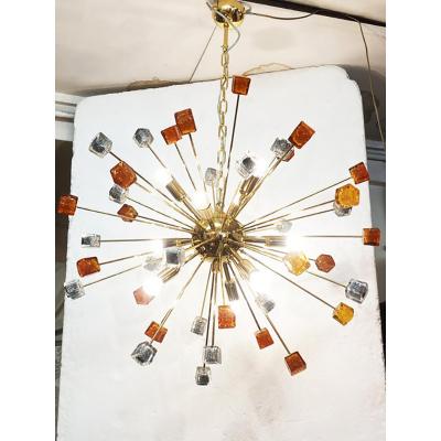  SimoEng Contemporary Amber and Black Cubes Murano Glass Gold Sputnik Chandelier