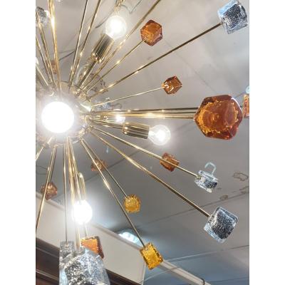  SimoEng Contemporary Amber and Black Cubes Murano Glass Gold Sputnik Chandelier