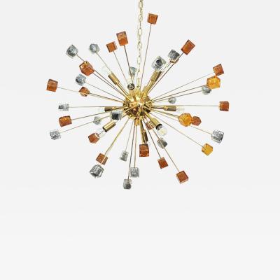  SimoEng Contemporary Amber and Black Cubes Murano Glass Gold Sputnik Chandelier