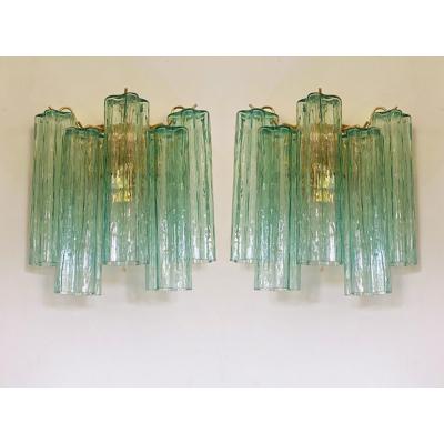  SimoEng Contemporary Green Tronchi Murano Glass Wall Sconce in Venini Style a Pair