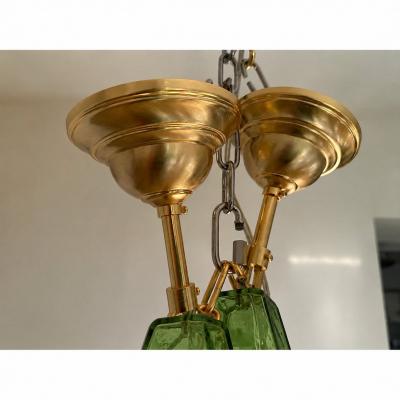  SimoEng Contemporary Light and Dark Green Poliedri Murano Glass Chandelier by SimoEng