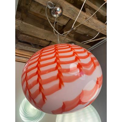  SimoEng Contemporary Red and White Sphere Pendant in Murano Style Glass