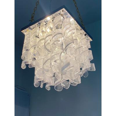  SimoEng Contemporary Trasparent and White Ricci Curles Murano Glass in Mazzega Style