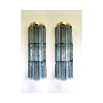  SimoEng Grey and Light Blue Murano Glass Tronchi Sconces by Simoeng Set of 2