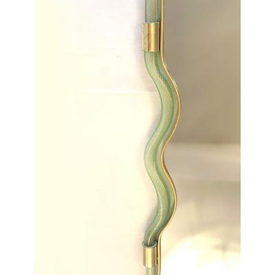  SimoEng Horizzontal Wave Mirror in Green and Gold Torchon Torciglione Murano