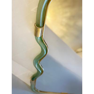  SimoEng Horizzontal Wave Mirror in Green and Gold Torchon Torciglione Murano