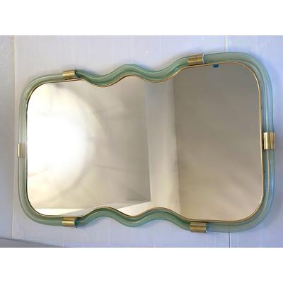  SimoEng Horizzontal Wave Mirror in Green and Gold Torchon Torciglione Murano