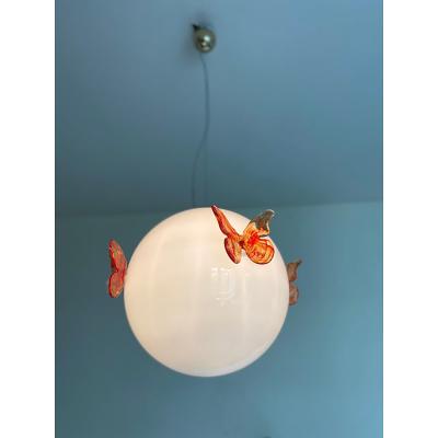  SimoEng Italian Murano Style Glass Opalino Pendant With Red Butterfly