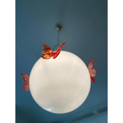  SimoEng Italian Murano Style Glass Opalino Pendant With Red Butterfly