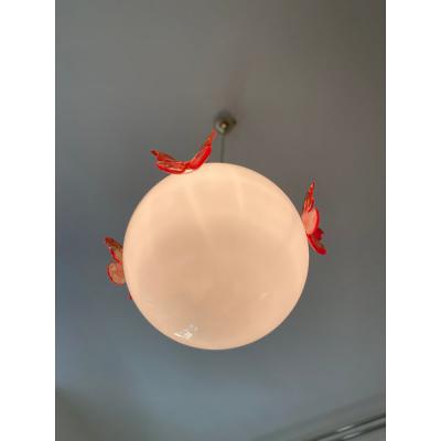  SimoEng Italian Murano Style Glass Opalino Pendant With Red Butterfly