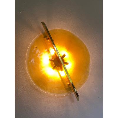  SimoEng Italian Wall Light in Amber Murano Glass Disc and Brass Metal Frame