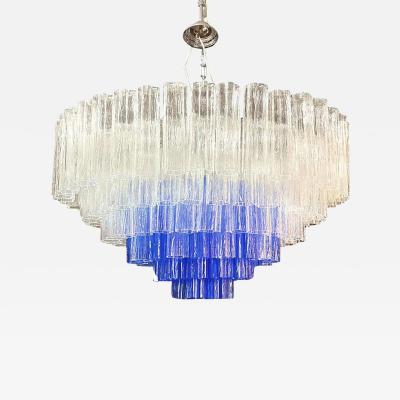  SimoEng Large Transparent and Blue Tronchi Murano Glass Chandelier in Venini Style