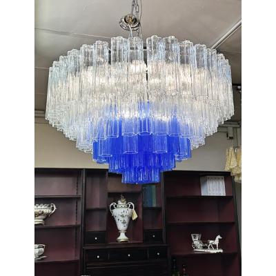  SimoEng Large Transparent and Blue Tronchi Murano Glass Chandelier in Venini Style