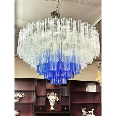  SimoEng Large Transparent and Blue Tronchi Murano Glass Chandelier in Venini Style