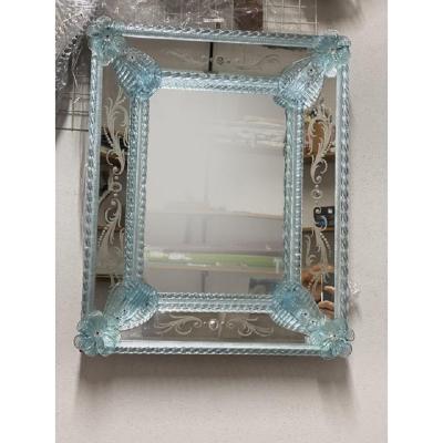  SimoEng Light Blue Floreal Hand Carving Mirror in Murano Glass Style