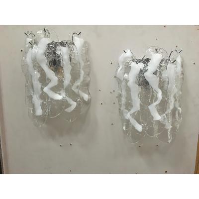  SimoEng Lot of 2 Transparent and White Fiamma Murano Glass Wall Sconces