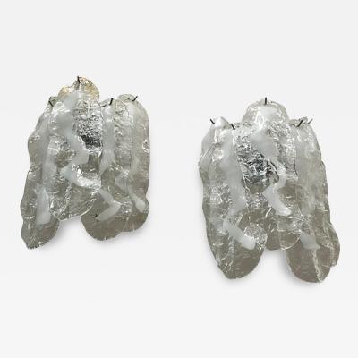  SimoEng Lot of 2 Transparent and White Fiamma Murano Glass Wall Sconces