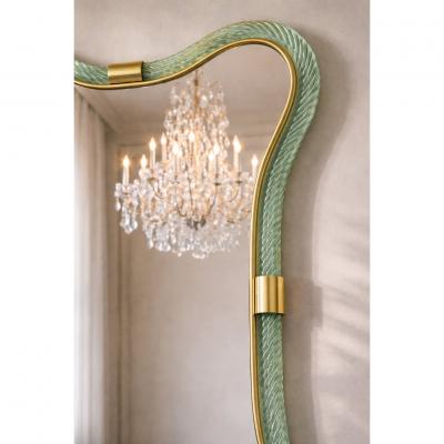  SimoEng Luxury Italian Green Wather and Gold Leaf Torchon Mirror Murano Glass