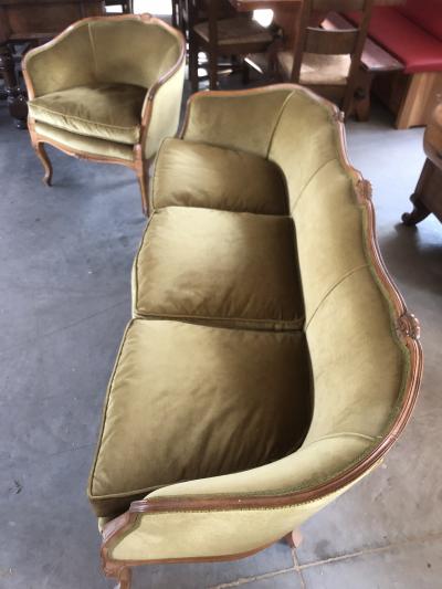  SimoEng Mid 20th Century Italian Style Armchairs and Sofa in Walnut Wood Carved