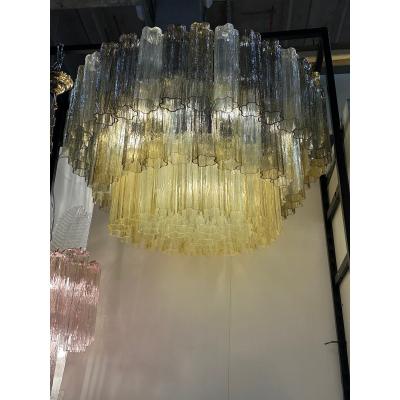  SimoEng Mid Century Modern Italian Amber and Fum Tronchi Murano Glass Chandelier