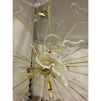  SimoEng Murano Glass Sputnik Chandelier in Gold 24 Karat and Clear Butterfly