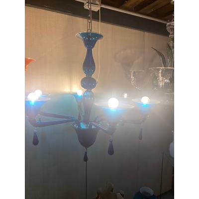  SimoEng Murano Style Glass Chandelier in Blue Lattimo Color
