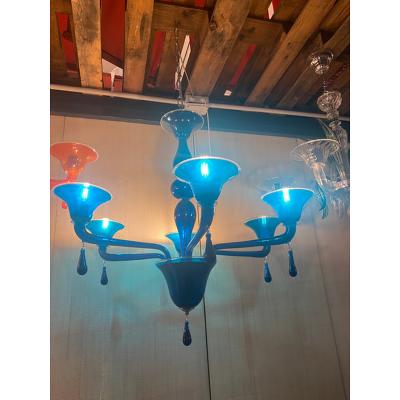  SimoEng Murano Style Glass Chandelier in Blue Lattimo Color